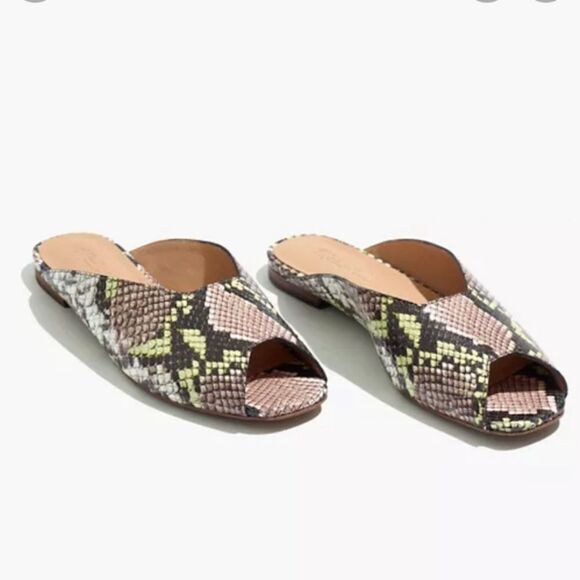 Madewell Shoes - Madewell Sz 8 Erica Peep Toe Mules Snake Embossed Leather Brown Green